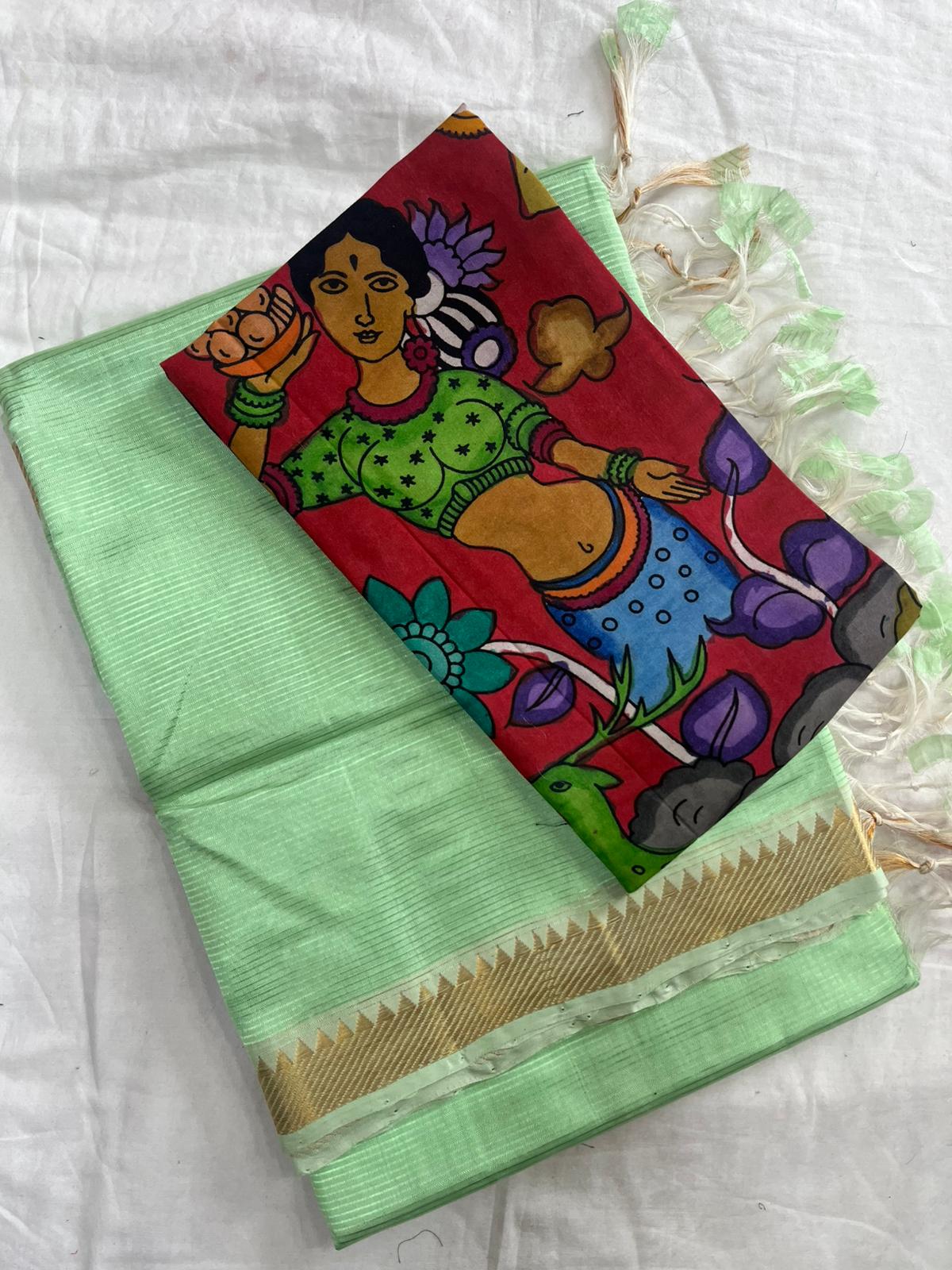 Peach Handloom Mangalagiri Pattu  with a Pen Kalamkari Blouse  Cotton Saree